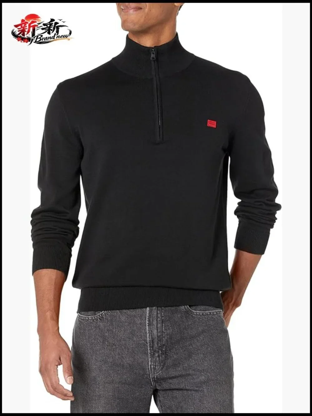 Men's Quarter Zip Square Logo Cotton Pullover Sweater
